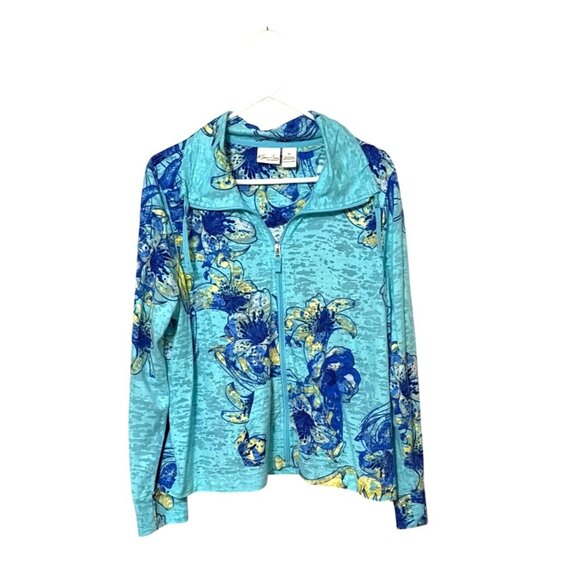 Kim Rogers Tops - Kim Rogers Petite Floral Zip-Up Jacket Aqua Blue & Yellow PL